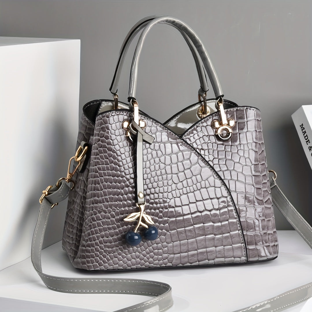 Faux Crocodile Texture Handbag, Women's Burgundy or White Fashion Bag with Cherry Pendant, Zipper Closure and Polyester Lining for Shoulder and Crossbody Styling