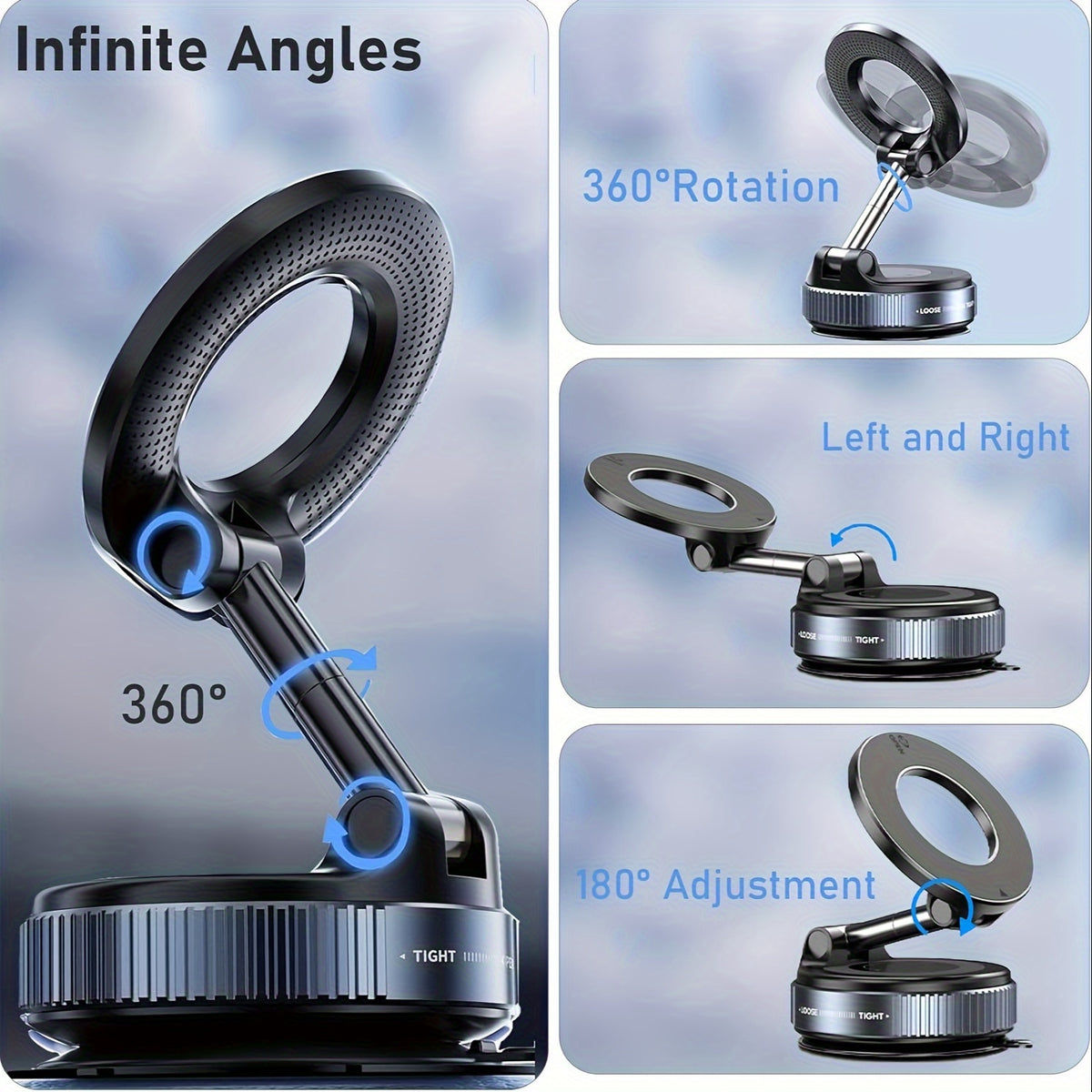 Magnetic Phone Mount with Adjustable Height, Foldable Design and 360-Degree Rotation References, Bulldog Stand, Alloy, Grey and Two-Piece Selection Options