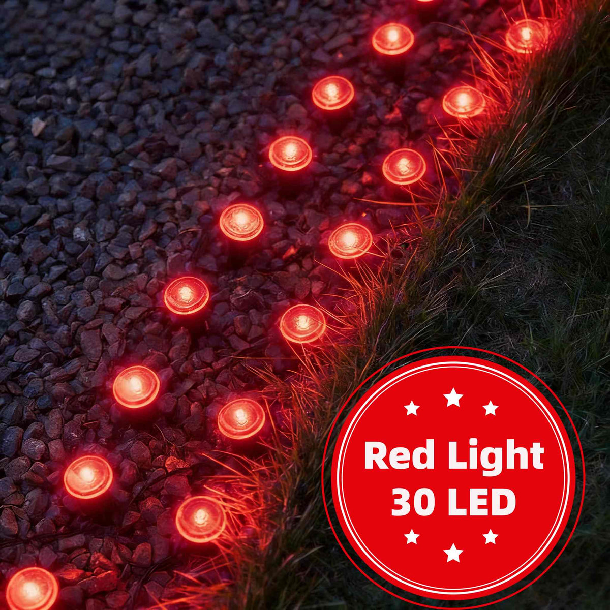 Solar Pathway String Lights with Listed 30 LEDs and Stake Design, Six Warm, White, Purple, Blue, Red and Green Light Options for Patio and Garden Event Decor
