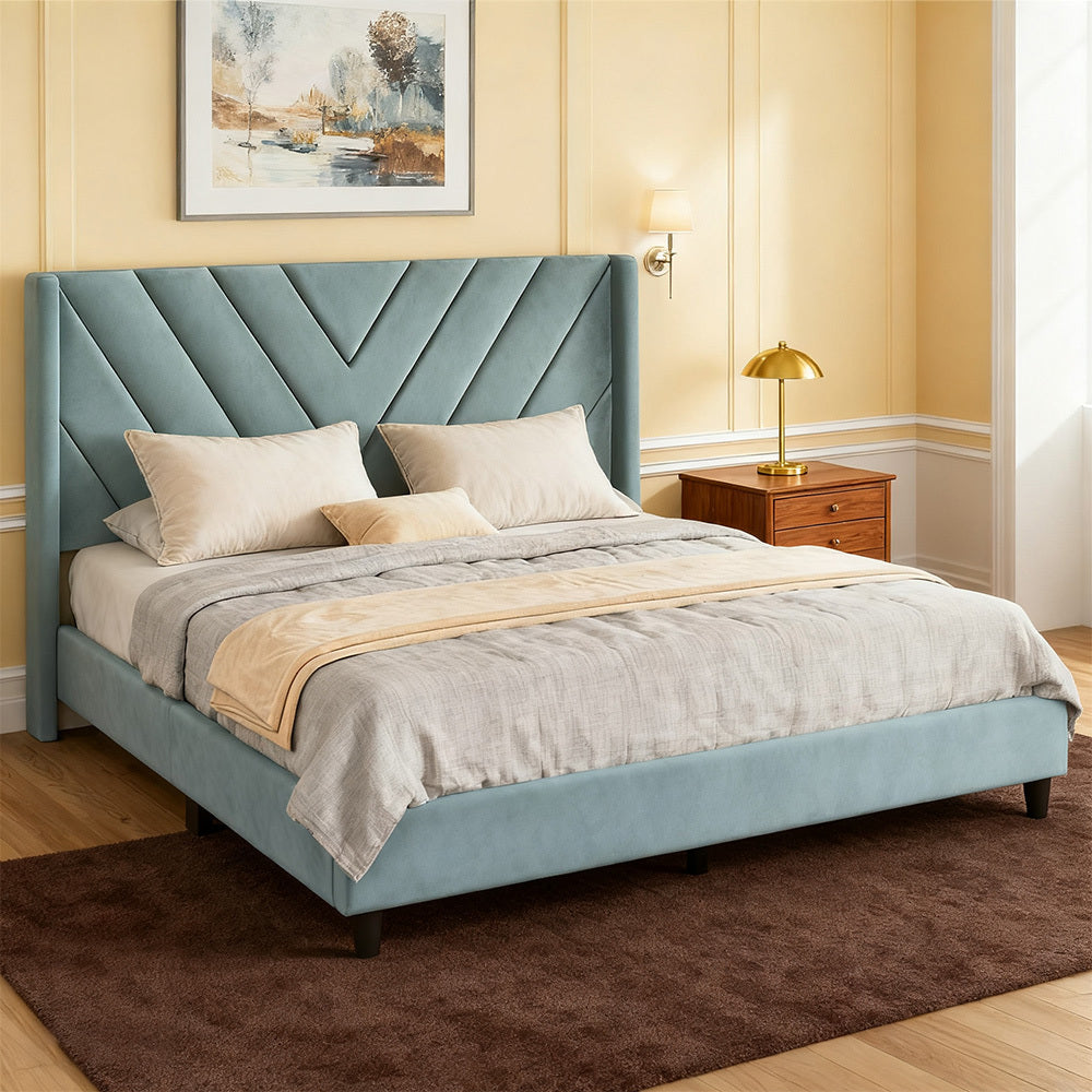 Velvet Platform Bed Frame by Costoffs with Wingback Headboard and Geometric Stitching, Wooden Slat Support, No Box Spring Needed, Twin to King Options