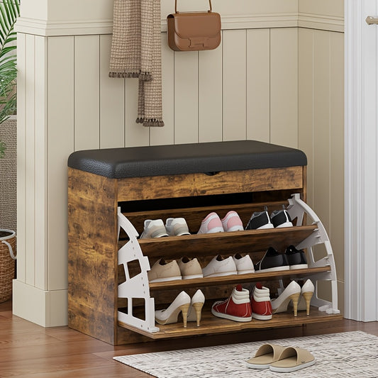 Upholstered Shoe Changing Stool with Drawer and Shoe Cabinet References, Brown or White Options for Entryway Seating and Everyday Footwear Organization