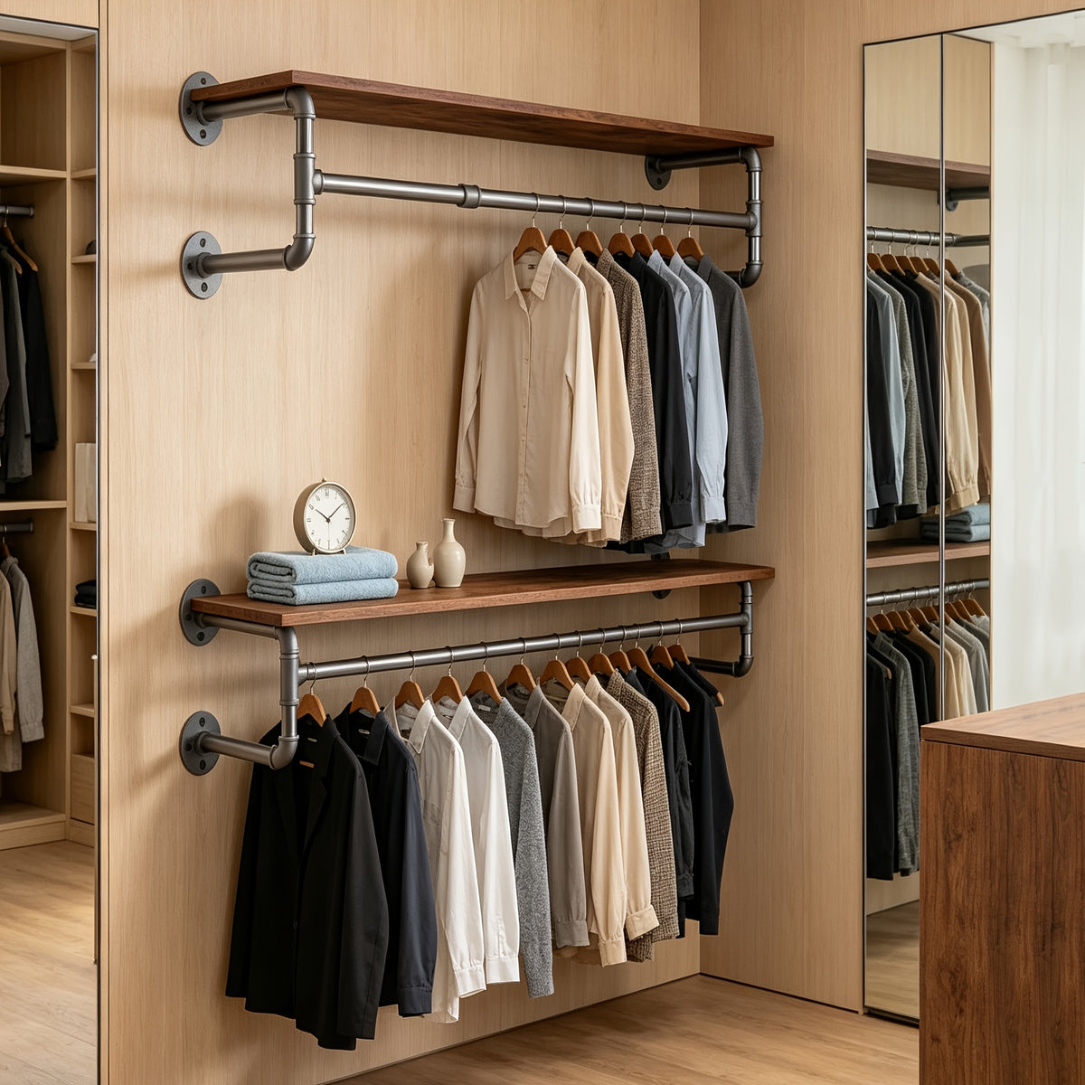 Industrial Pipe Clothes Rack by AESOME, 39.3-Inch Wall-Mounted Hanging Rod with Wood Top Shelf and Three Hooks in Black and Dark Brown for Closet Storage