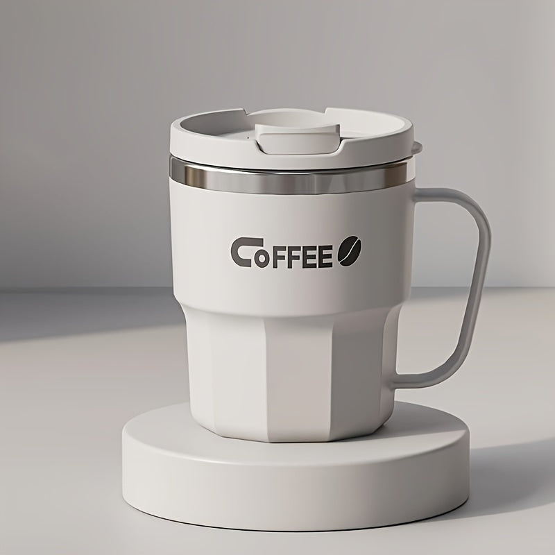 Double-Layer Insulated Coffee Mug with Lid in Grey White, Single Covered Cup for Hot and Cold Drinks, Everyday Beverage Breaks and Coffee Lover Gifts
