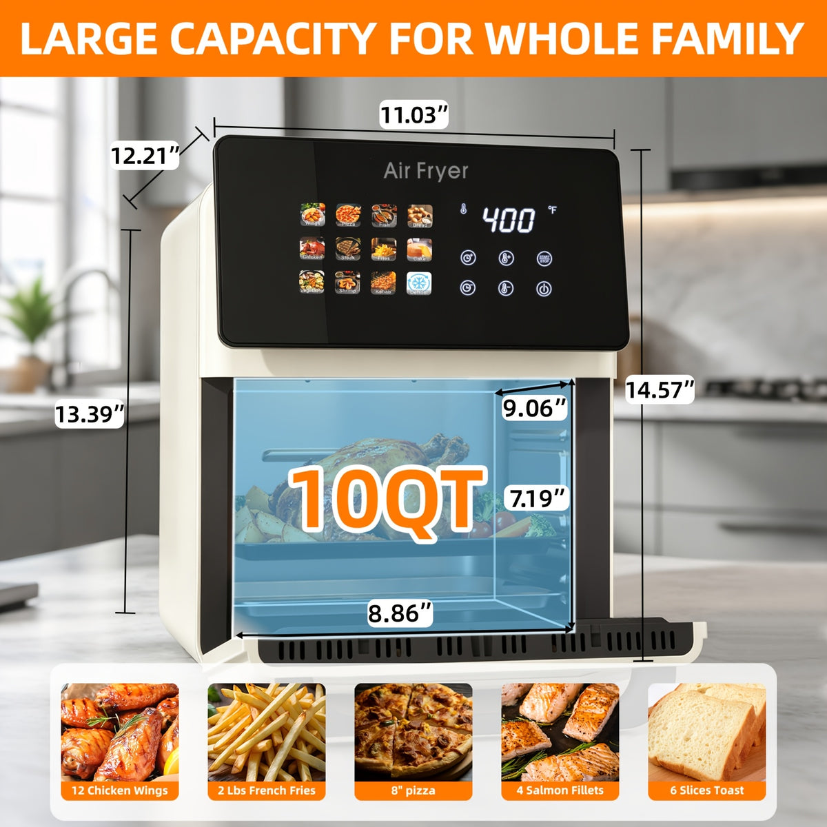Viewing-Window Air Fryer Oven with Listed 10Qt Capacity, 12-in-1 Cooking Design, Touchscreen Controls and Nonstick Basket in Cream White or Black for Kitchen Use