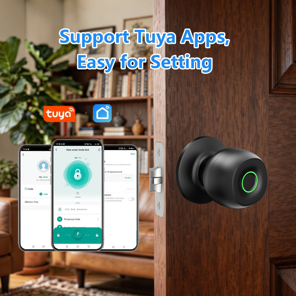 Biometric Smart Door Knob Lock in Black with Fingerprint Entry, App-Controlled Wireless Connection and Physical Key Access for Compatible Bedroom, Home and Office Doors