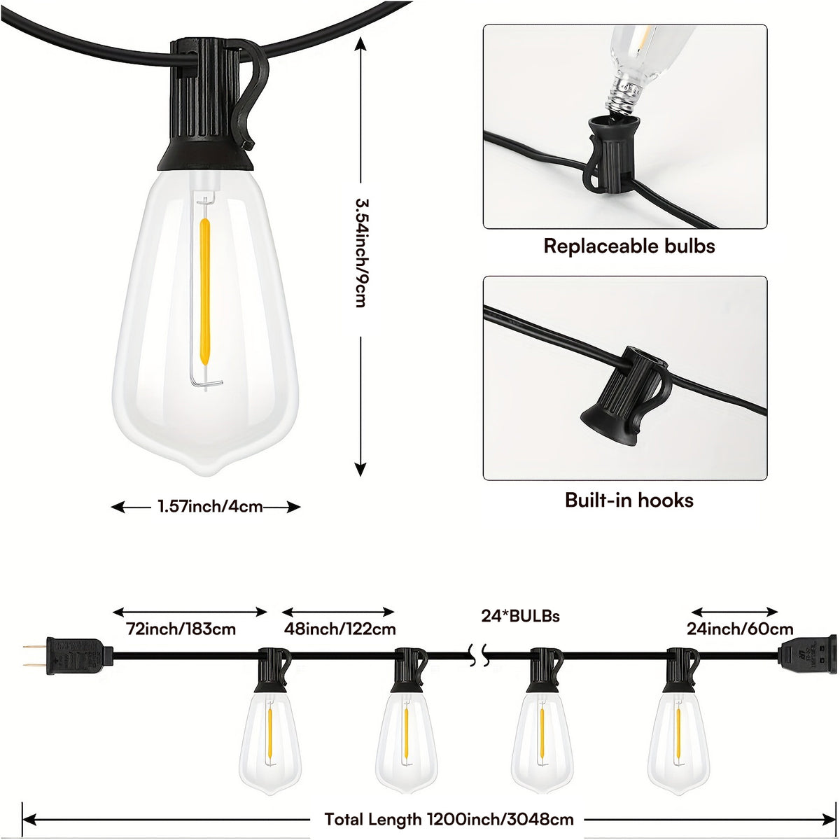 Edison Patio String Lights 100FT with Shatterproof ST38 Bulbs, 2700K Warm White Dimmable Connectable Hanging Lights for Garden, Bistro and Wedding Decor