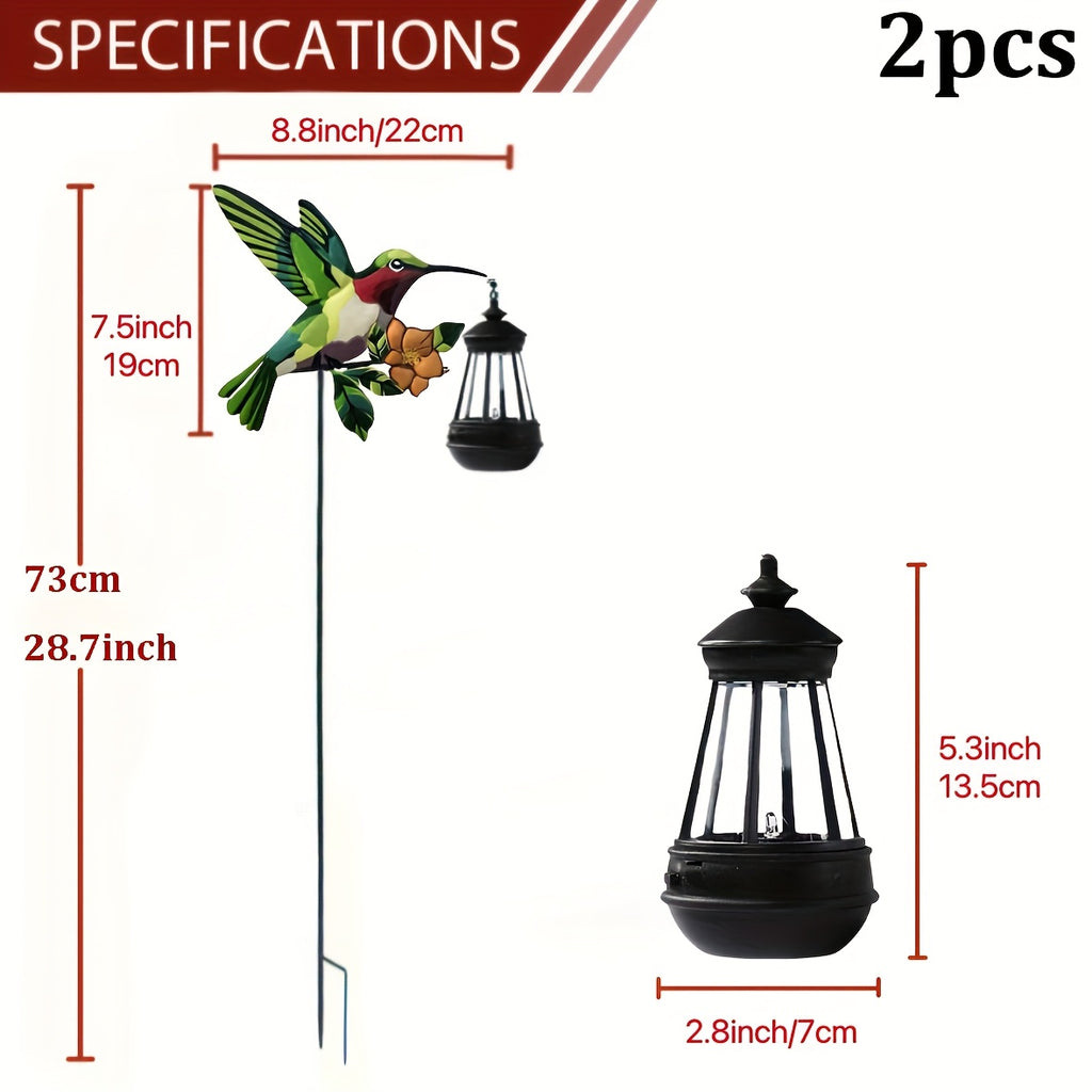 Solar Hummingbird Lantern Pair, Two-Piece Hanging Garden Light Set in Warm or Multicolor Options with Metal and Plastic Construction for Courtyard and Party Decor