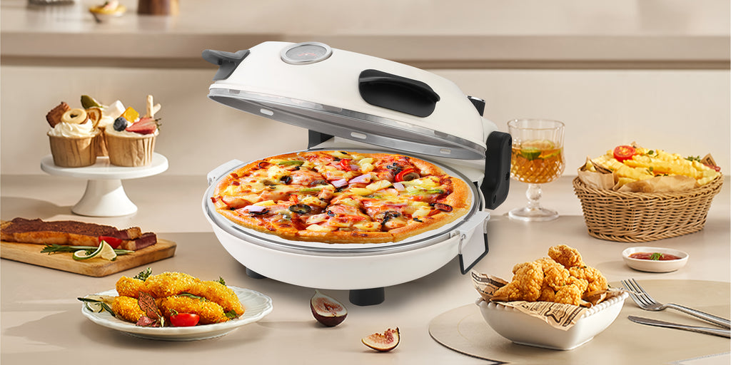 Electric Pizza Oven 12 Inch Indoor Countertop, 1200W Portable Pizza Maker with Dual Heating Elements up to 800F, Dual Knob Control, Removable Ceramic Stone and Viewing Window for Home, Pizzeria-Style Crust and Pizza Nights