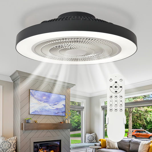 Low Profile Ceiling Fan with Light, 19-Inch Flush Mount Fandelier with Remote, Six Speeds and Dimmable 3000K–6000K LED Lighting in Black or White for Bedrooms