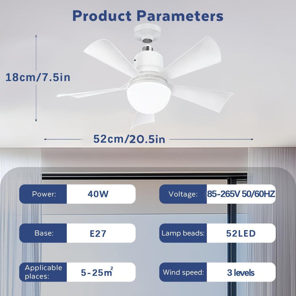 20.5 Inch Socket Fan Light with Remote, E26 Base Screw-In Ceiling Fan with Dimmable Light, Small Ceiling Fan for Garage, Bathroom, Bedroom and Kitchen Cooling and Illumination, White
