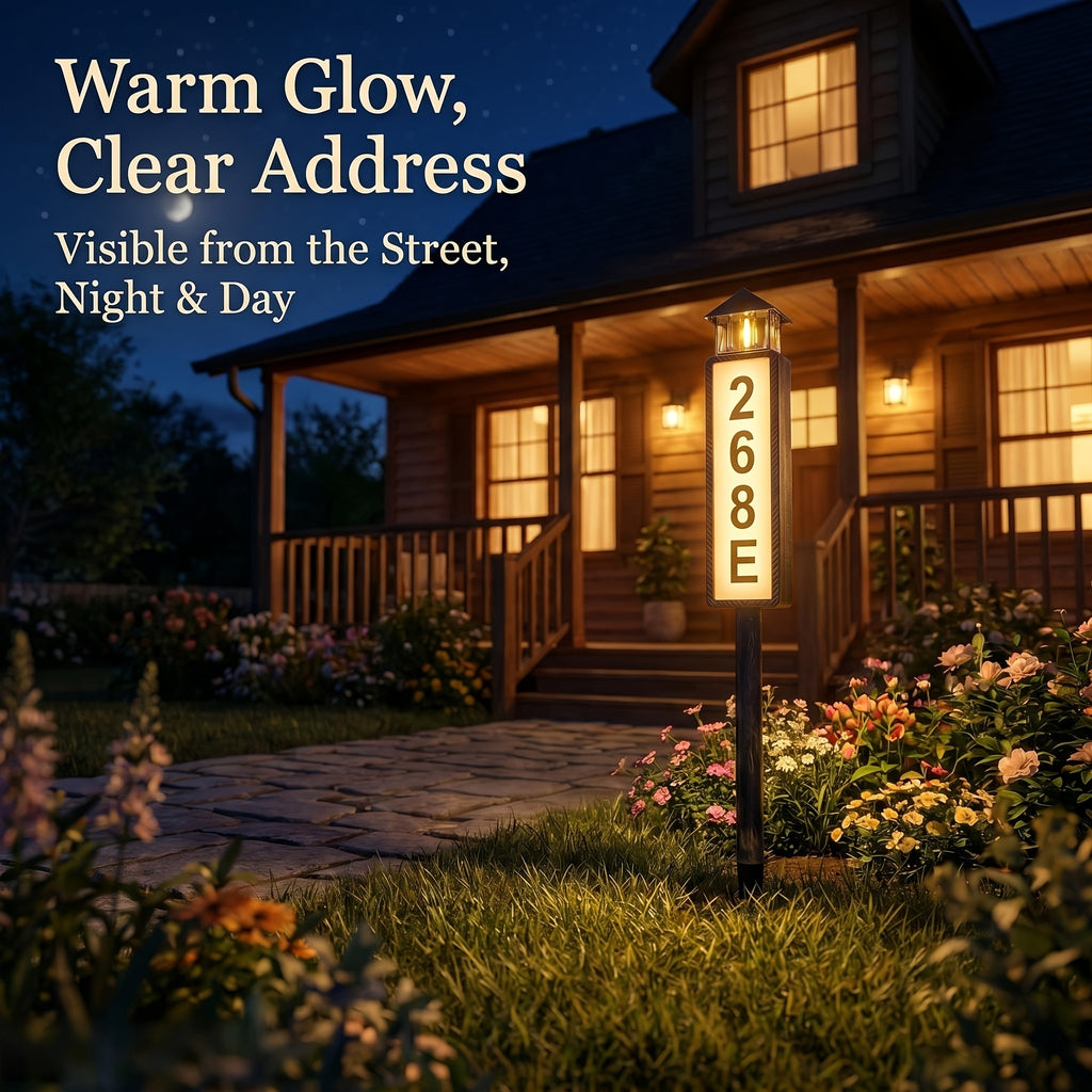 Solar LED Address Sign, House Number Display Board with Three Adjustable Color Mode Label, Black or Retro Design Options for Entryways and Courtyards