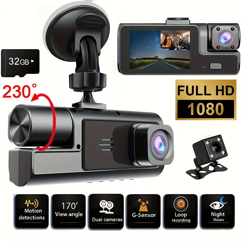 Dual or Triple Lens Dash Cam, Black Vehicle Camera with Listed 1080P Front and 720P Rear Recording, Loop Recording and G-Sensor References, Select 32G and Wi-Fi Options