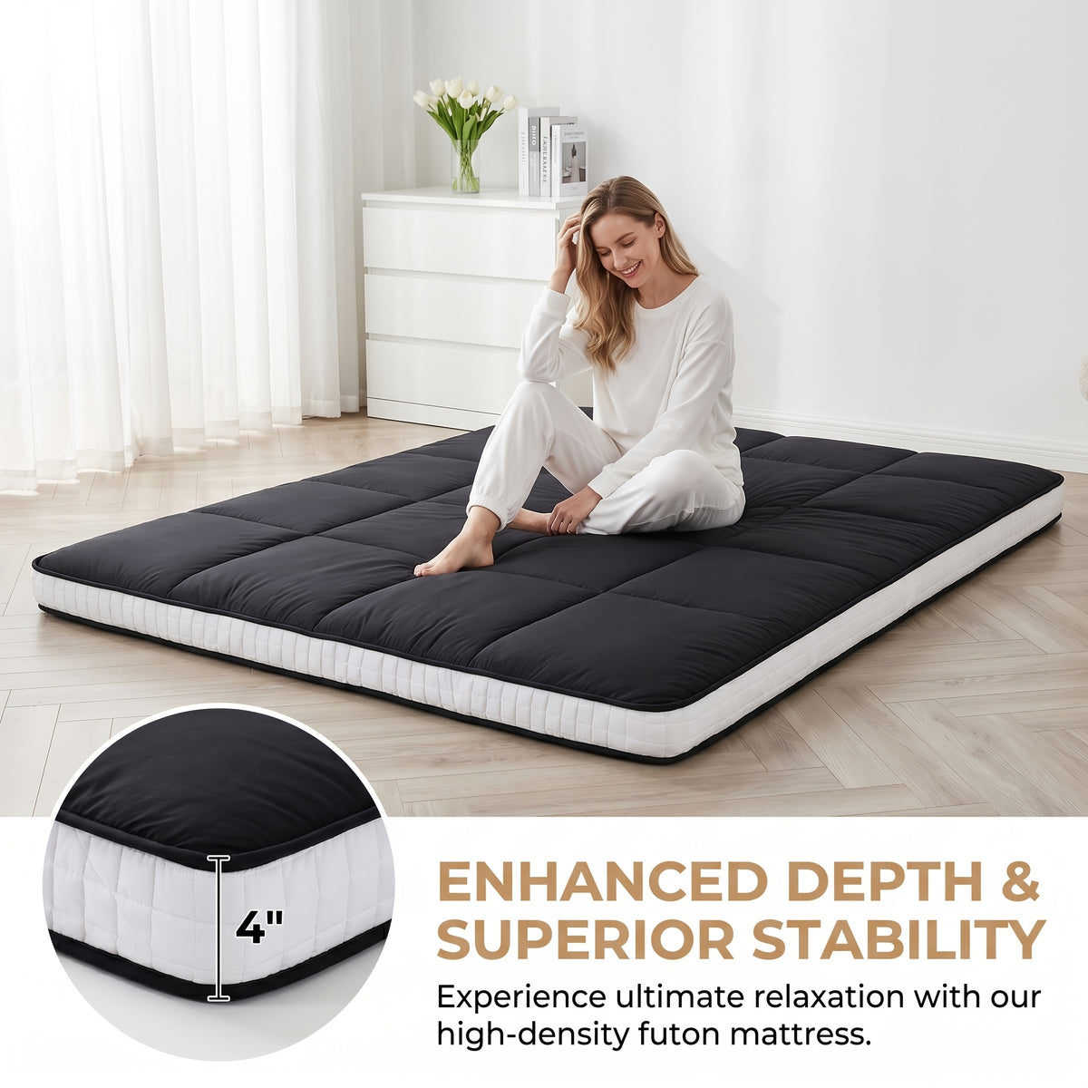 Japanese-Style Floor Mattress by LILYPELLE with Foldable Roll-Up Design, Black or Grey in Twin, Full and Queen Options for Guest Bedding and Floor Lounging