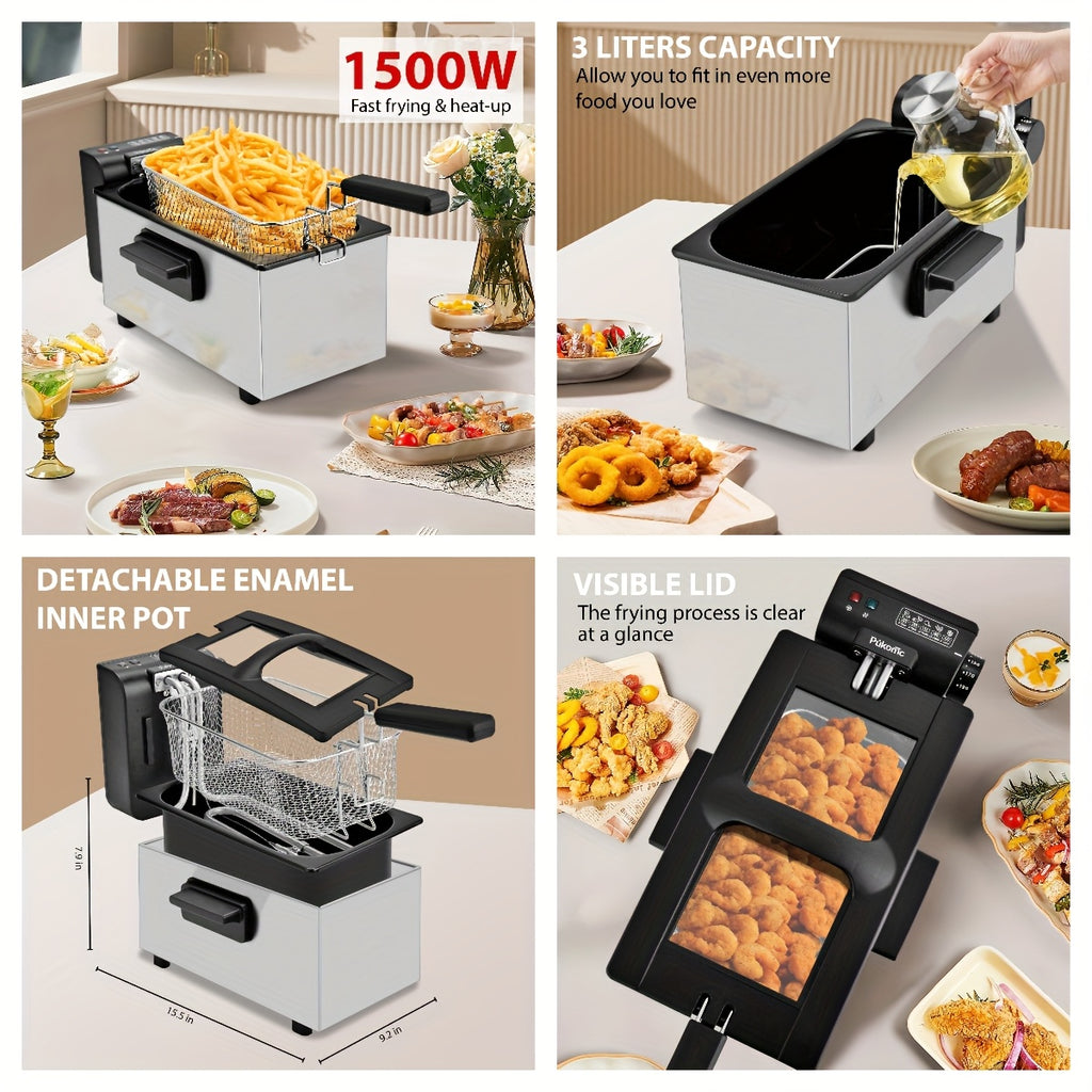 Electric Deep Fryer with Basket, 1500W Countertop Fryer, Adjustable Temperature Control, Viewing Window Lid, Non-Stick Detachable Parts, Easy Clean, 1.5L to 5L Sizes, Father's Day Gift
