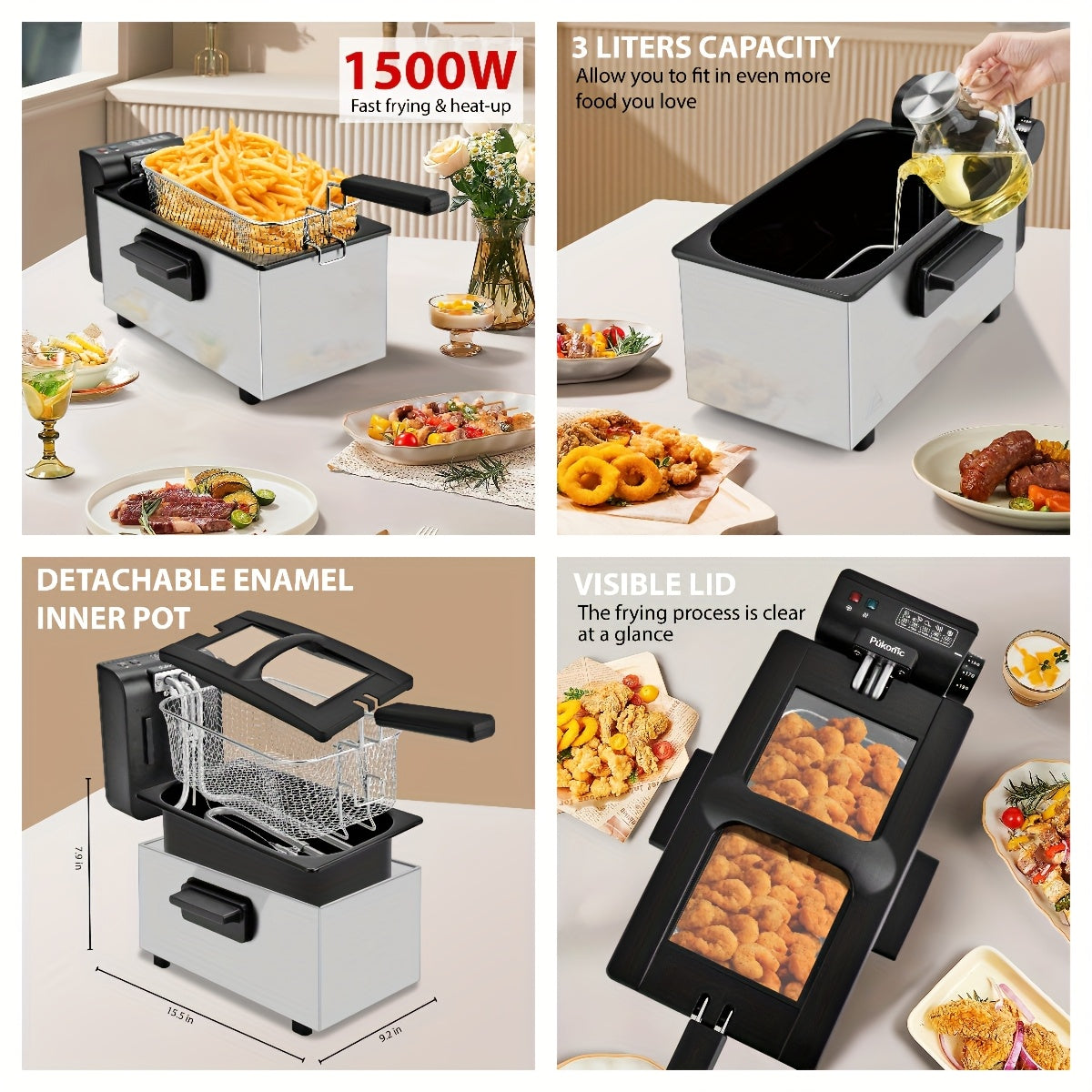Electric Deep Fryer with Basket, 1500W Countertop Fryer, Adjustable Temperature Control, Viewing Window Lid, Non-Stick Detachable Parts, Easy Clean, 1.5L to 5L Sizes, Father's Day Gift