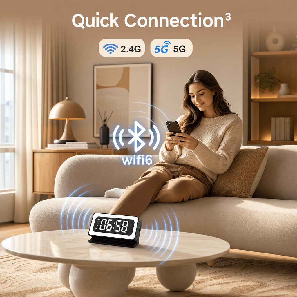 Wood-Grain Indoor Security Clock Camera with Listed 2K Video, Dual-Band WiFi, Color Night Vision, Motion Alerts, Rechargeable Battery and Optional microSD Storage