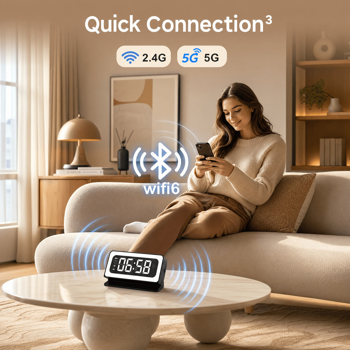 Wood-Grain Indoor Security Clock Camera with Listed 2K Video, Dual-Band WiFi, Color Night Vision, Motion Alerts, Rechargeable Battery and Optional microSD Storage