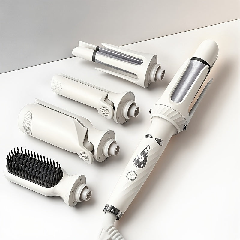 Interchangeable Curling Iron Set 5-in-1 with 25mm and 32mm Wands, Straightening Brush, Wave Styling Head and Root Volumizing Crimper for Home Hair Styling