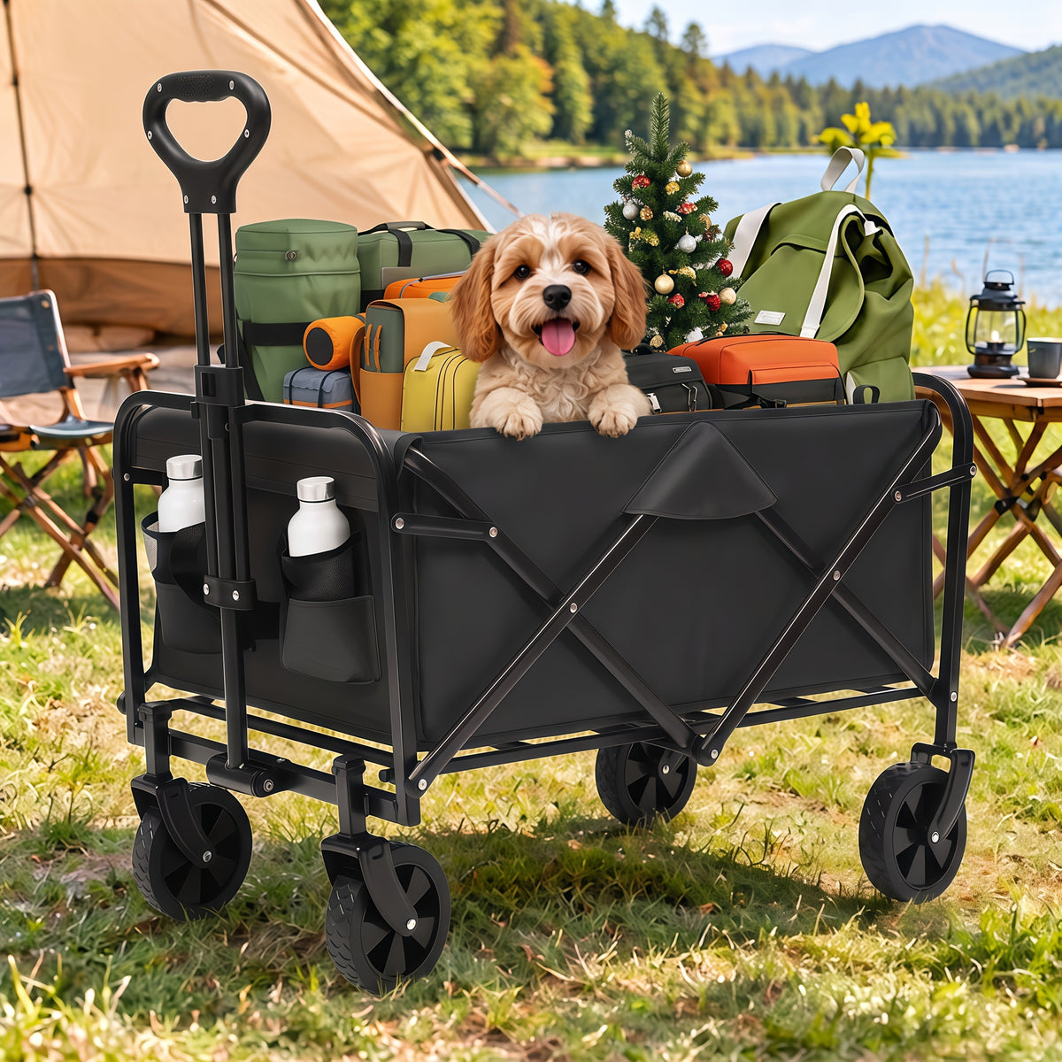 Foldable Utility Cart with Detachable 600D Oxford Fabric and Four Wheels, Alloy Steel Frame Wagon Models for Camping Supplies, Garden Gear and Grocery Transport
