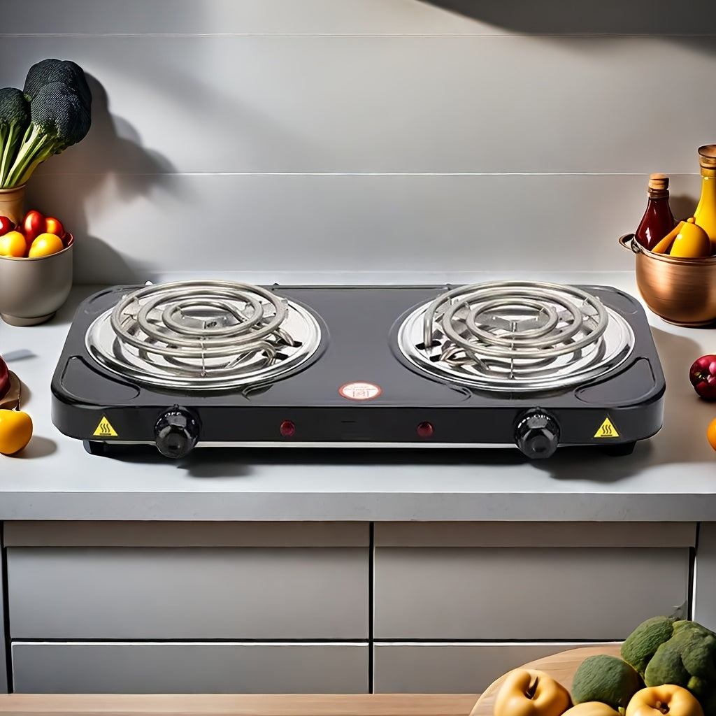 Double-Coil Electric Hot Plate with Five Adjustable Heat Settings, Black Tabletop Cooking Stove with Two Burner Option Labels for Home Kitchen Meal Preparation