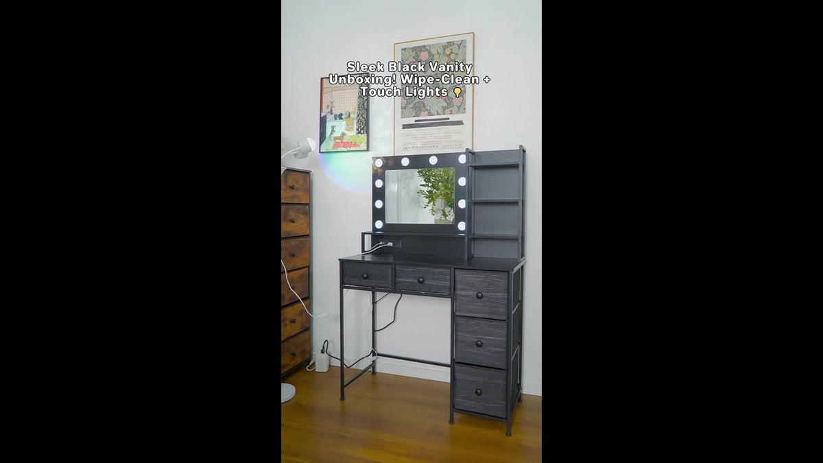 Black Vanity Desk with Lighted Mirror and Five Fabric Drawers, Three Lighting Modes, Adjustable Brightness and Listed Power Outlet for Bedroom Makeup Storage