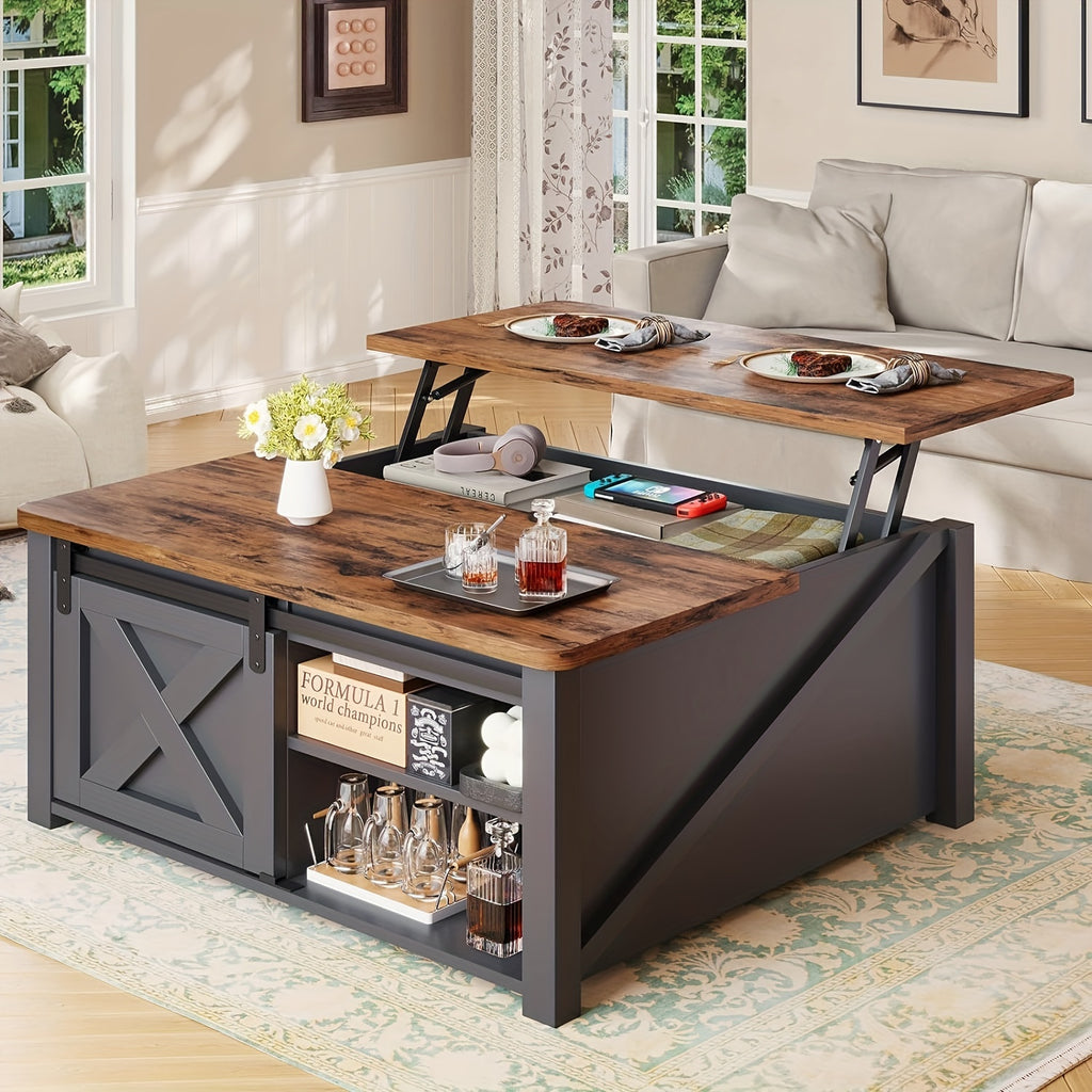 Lift Top Coffee Table with Storage, 31.5-Inch Square Farmhouse Design with Sliding Barn Door, Gas Strut Lift and Adjustable Shelves for Living Rooms