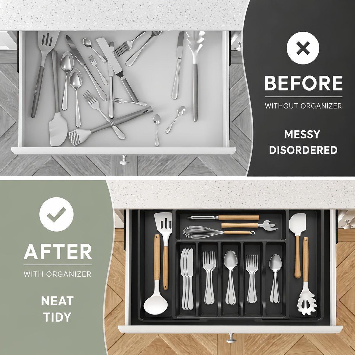Expandable Silverware Drawer Organizer, BPA-Free Adjustable Plastic Cutlery Tray in Black or White for Kitchen Spoon, Fork and Knife Storage