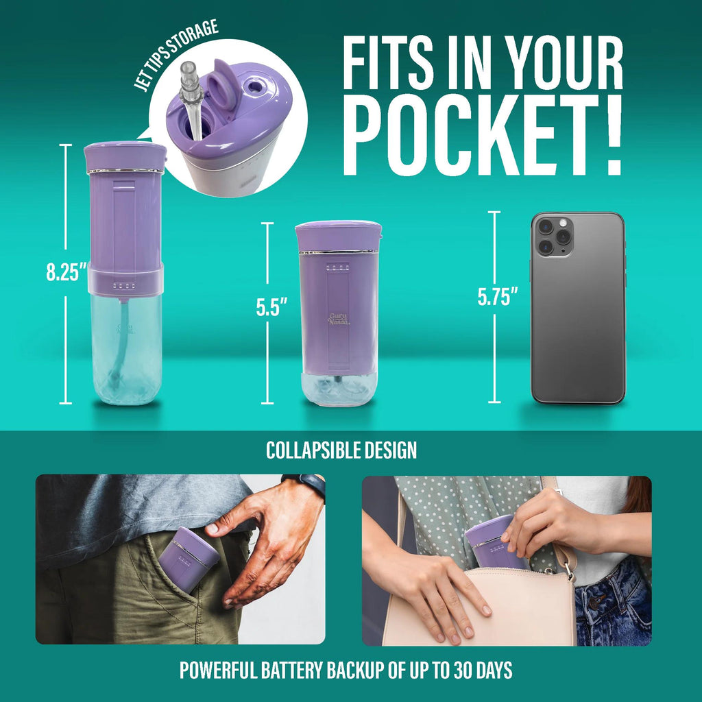 GuruNanda Compact Travel Water Flosser, Portable Cordless Oral Irrigator with Collapsible 180ml Tank, 4 Flossing Modes, 1800 Pulses Per Minute and Smart Timer, TSA-Approved Rechargeable Dental Flosser for Home and Travel, Lavender
