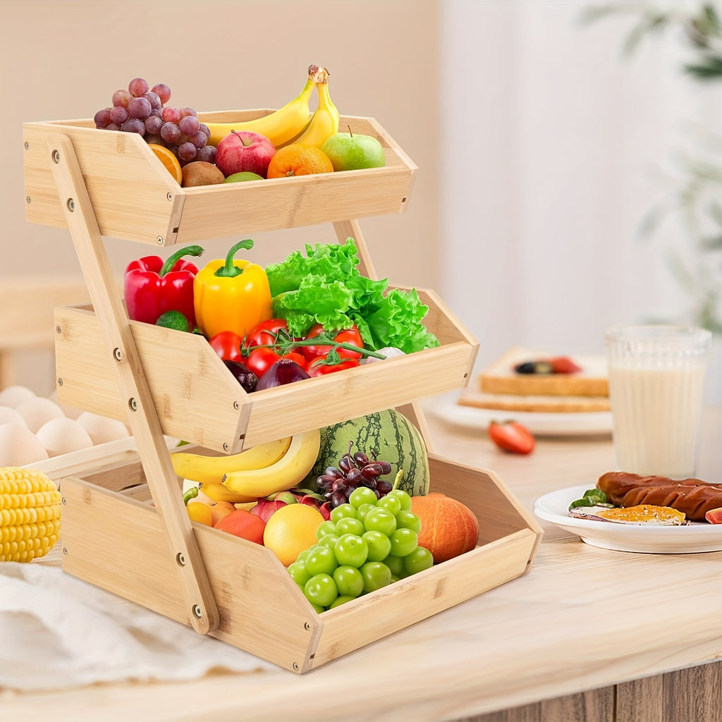 Wooden Fruit Basket Stand for Kitchen Countertops, Two or Three Tier Open Slat Produce Organizer with Natural Wood Finish and Detachable Hooks for Fruit, Bread and Packaged Snacks