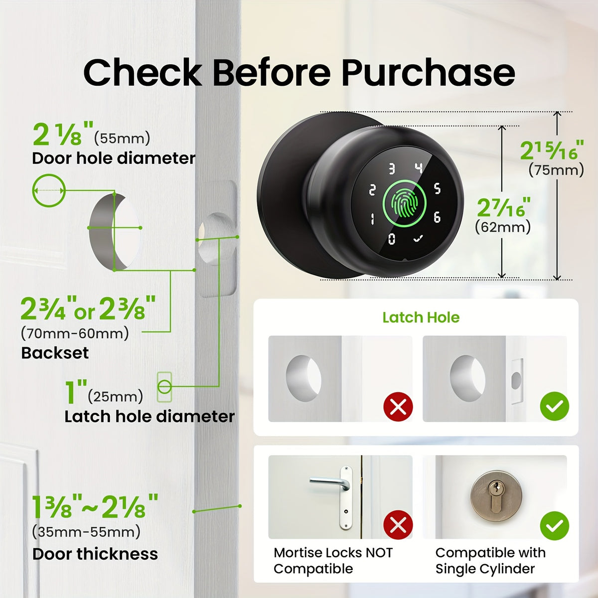 GHome Smart Door Knob Lock with Listed Fingerprint, Keypad and App Features, K20, K10, K02A and PRO Model Options for Compatible Door Access Setups