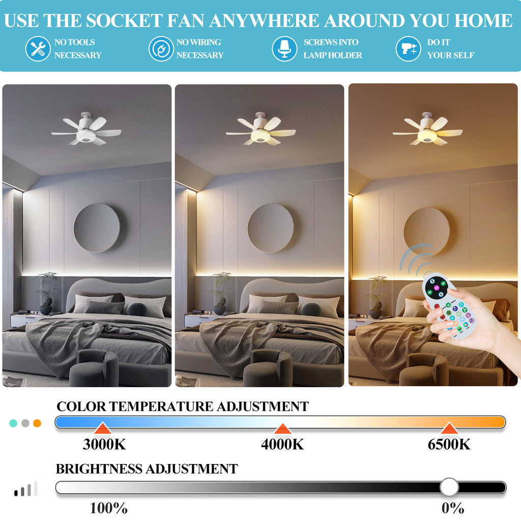 RGB Speaker Ceiling Fan Light with E26/E27 Socket Base, Remote Control, 3 Fan Speeds, Dimmable 3000K–6500K White Lighting and Music Rhythm Effects