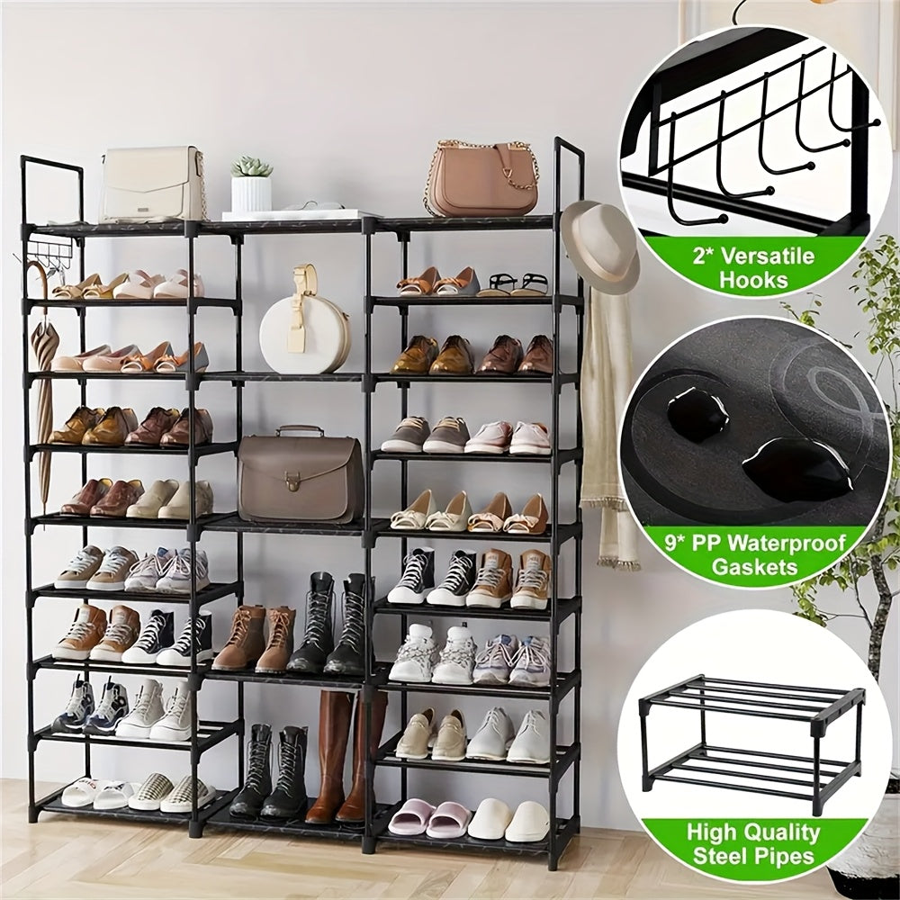 Modular Shoe Rack Organizer with Listed Metal Tubes and Tool-Free Assembly, Nine or Ten Shelf Configuration Labels for Entryway, Closet and Dorm Footwear Storage