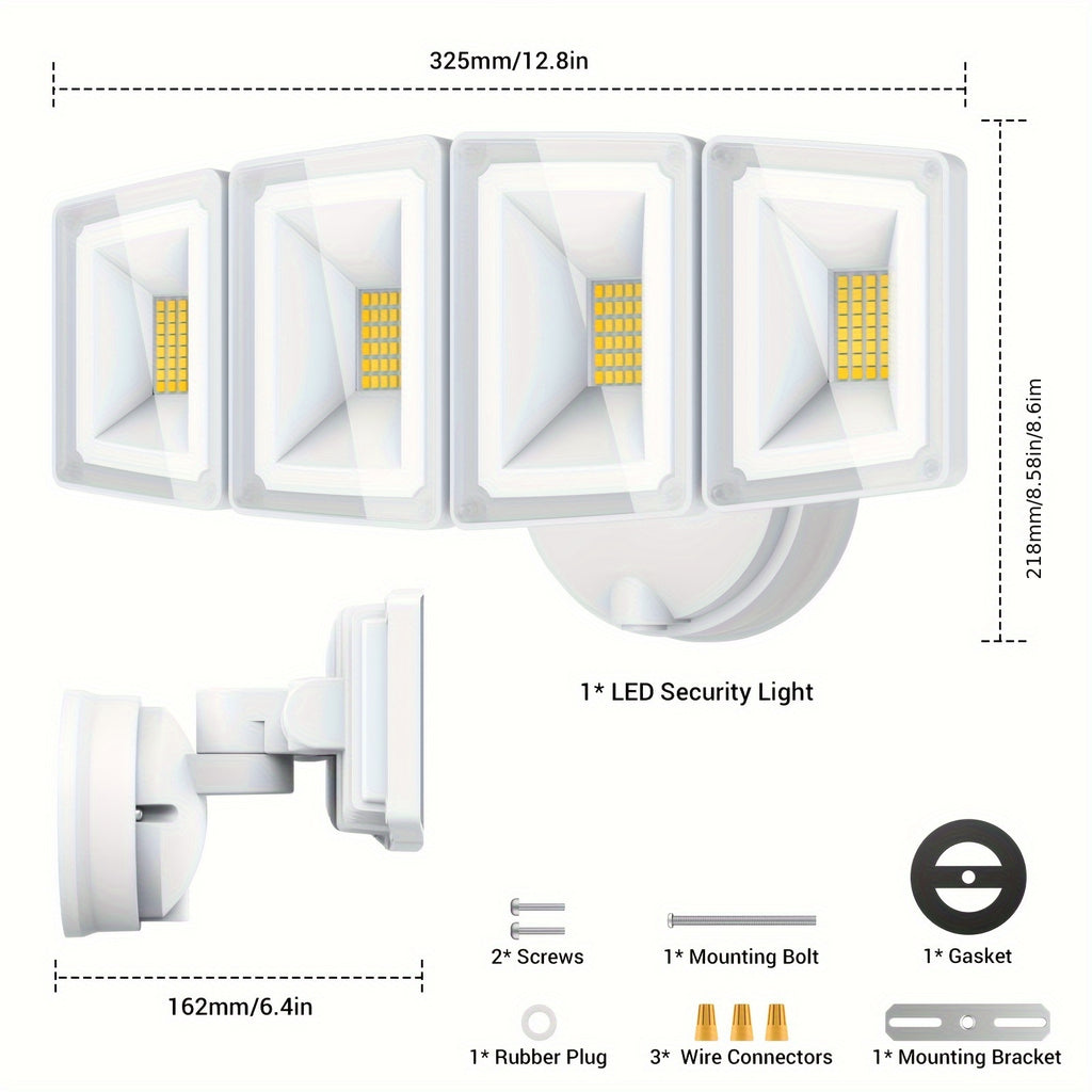 Hardwired LED Security Floodlight by USTELLAR, 100W 10000lm 5000K White Four-Head Outdoor Light with Adjustable Heads and Wall-Switch Control for Eaves and Backyards