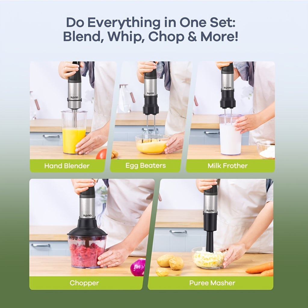 Syvio Immersion Blender 1200W, Heavy Duty 9-in-1 Hand Blender with Screen Time Display and Variable Speed Trigger, Includes Chopper, Whisk, Frother and Beaker for Soup, Puree, Smoothies, Baby Food