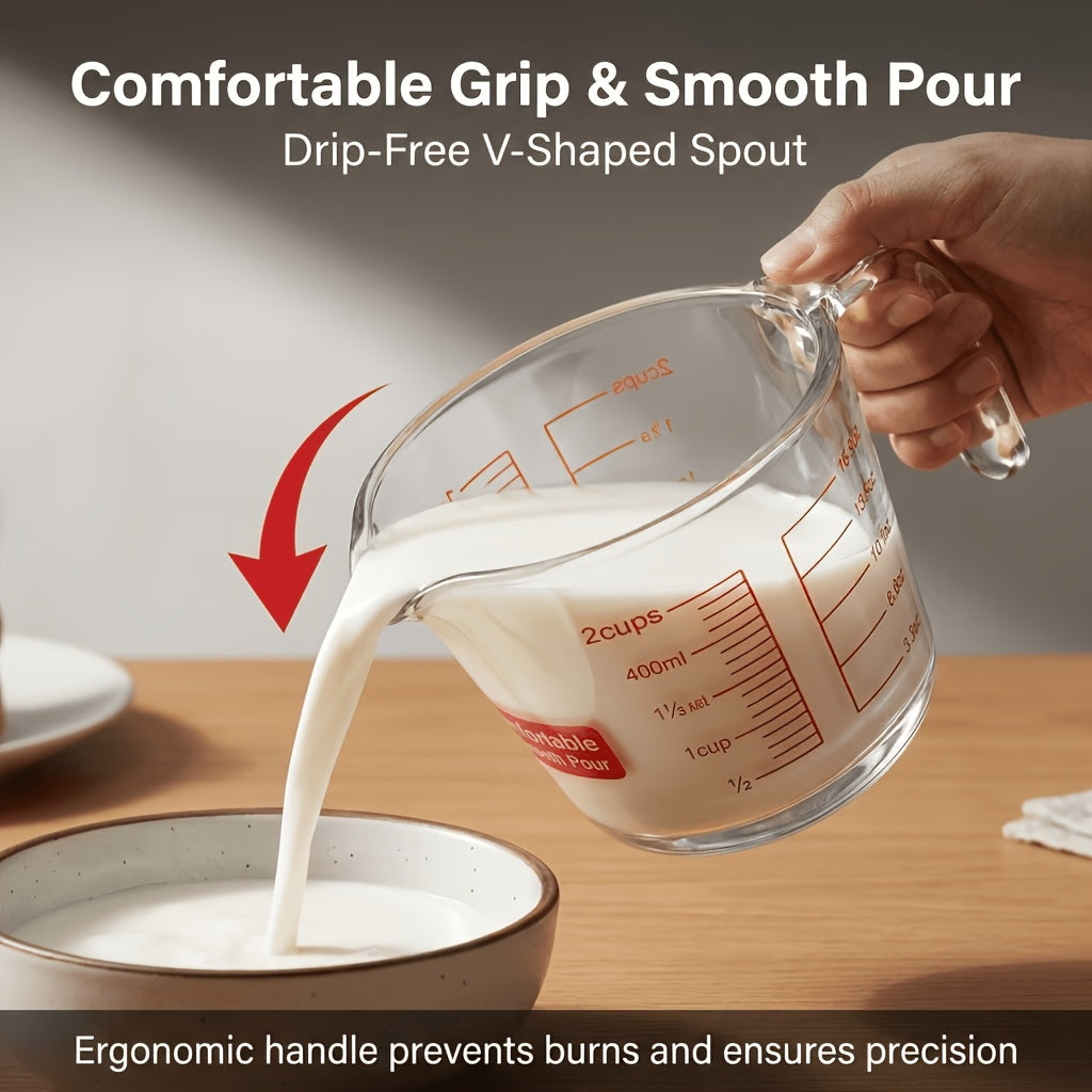 Handled Glass Measuring Cup for Recipe Ingredients and Home Baking Prep, Single Medium Selection or Two-Piece Set with Listed 16.91oz and 33.81oz Capacities
