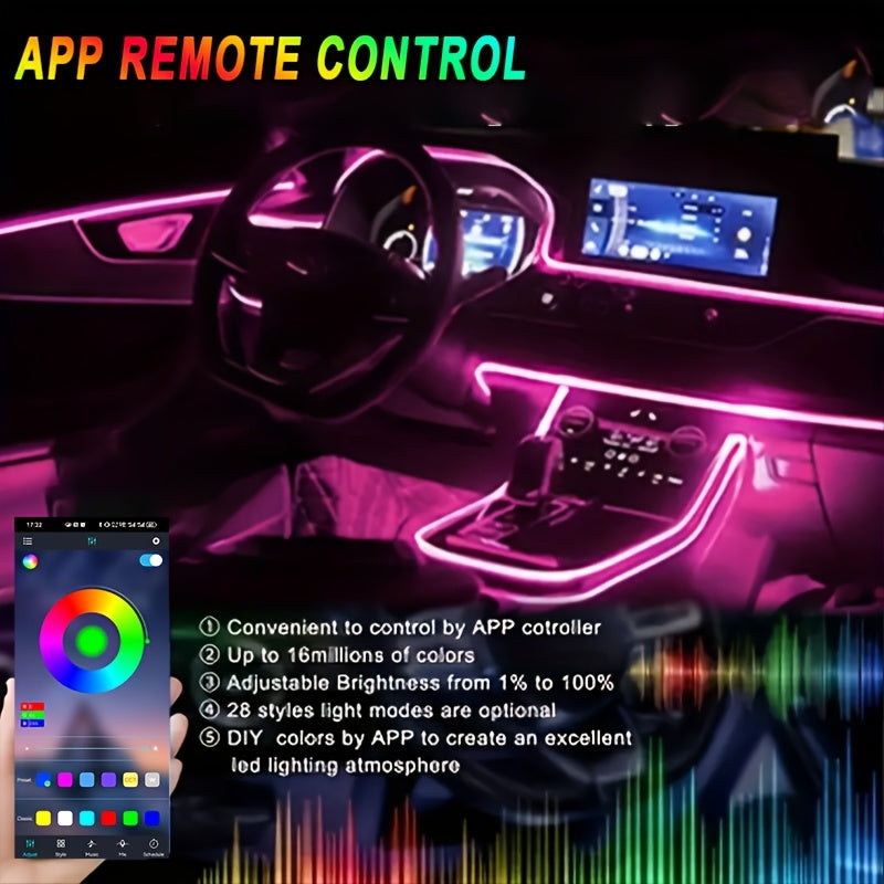 Fiber-Optic Car Ambient Light Strips with RGB LED Color and Listed 5V USB Power, Music-Synchronized 1A1 Interior Decoration for Compatible Dashboard and Console Areas