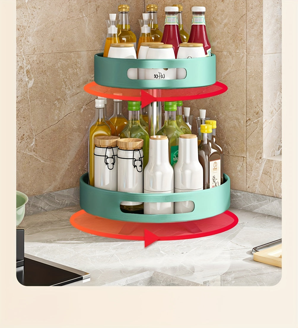 Rotating Spice Rack with Double-Layer Storage, Large Green, Silvery, White or Black Option Labels for Kitchen Countertop Seasoning and Corner Organization
