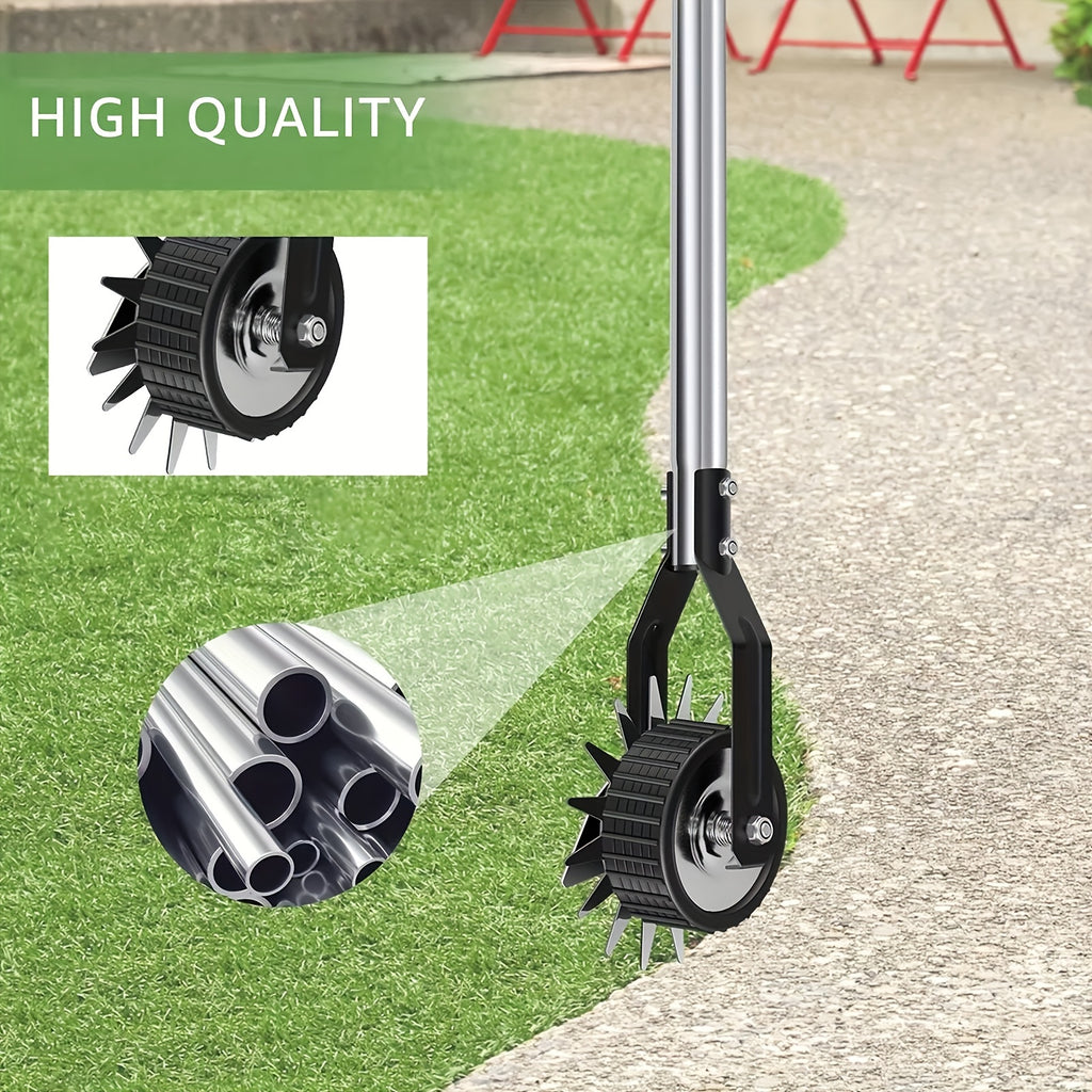 Manual Wheeled Lawn Edger by Sakerplus with Stainless Steel Sectional Handle, Three or Four Pole Sections for Garden Borders and Sidewalk Grass Trimming