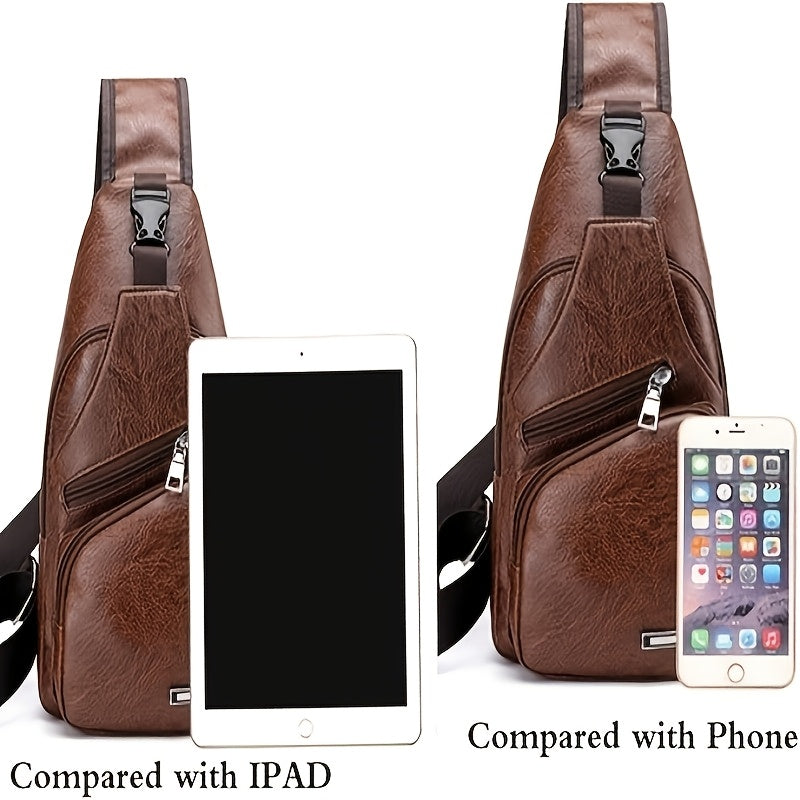 Faux Leather Sling Chest Bag with USB Port for Men and Women, Mini Single-Strap Crossbody Carry Bag in Black or Light Brown for Daily Outings and Travel