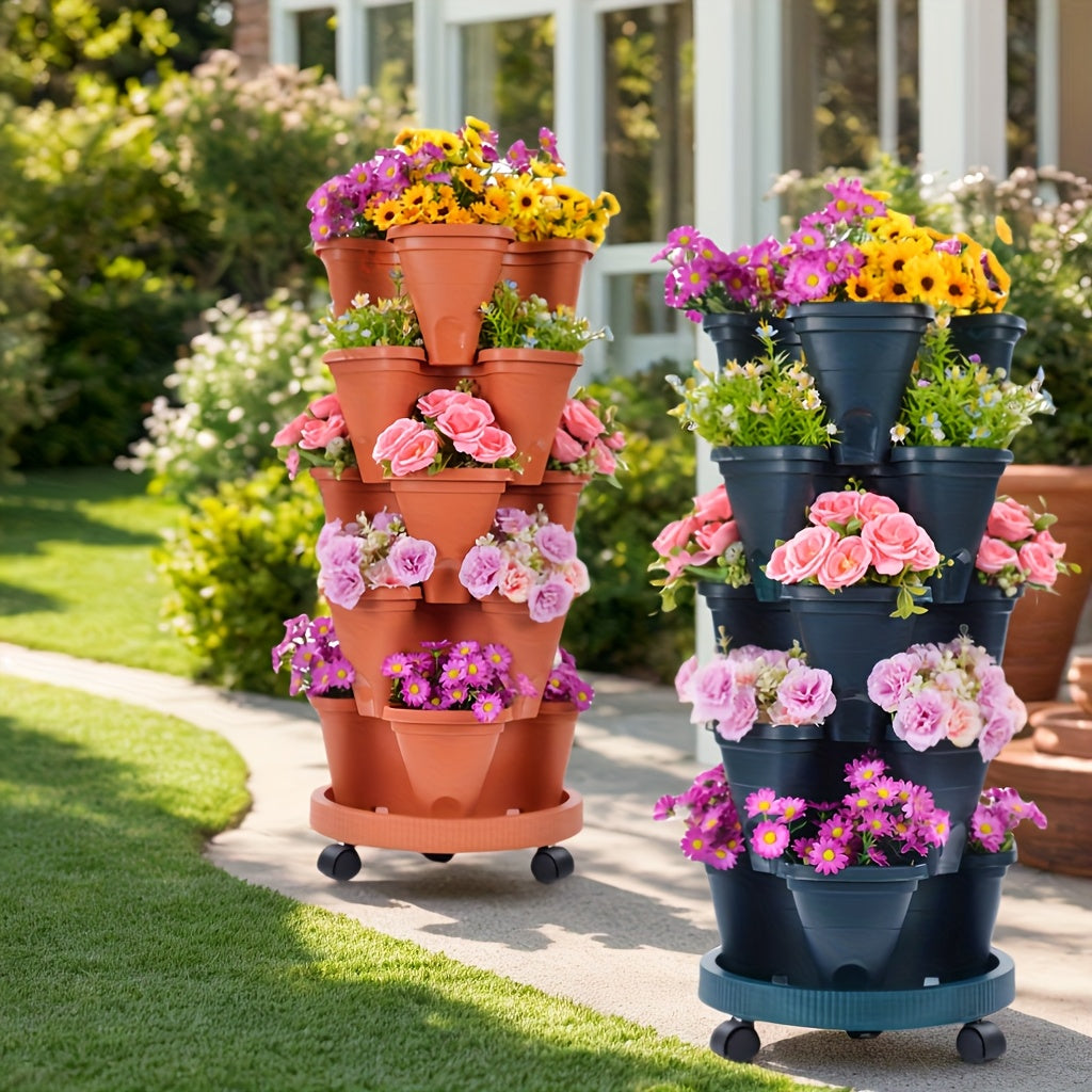 Five-Layer Stackable Planter Set for Vertical Gardening, Five Color Options with Listed Moving Wheels and Tools for Flowers, Herbs and Suitable Strawberry Plants