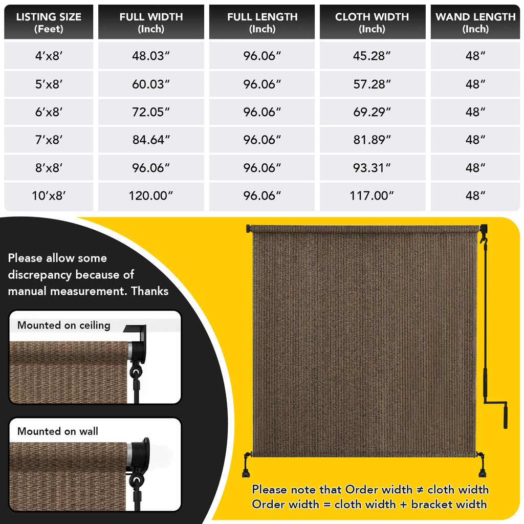 Outdoor Roller Shade in Gray or Mocha, Cordless Roll Up Patio Blind with 220GSM HDPE Fabric, One-Piece Panel and Seven Sizes for Porch, Deck and Balcony