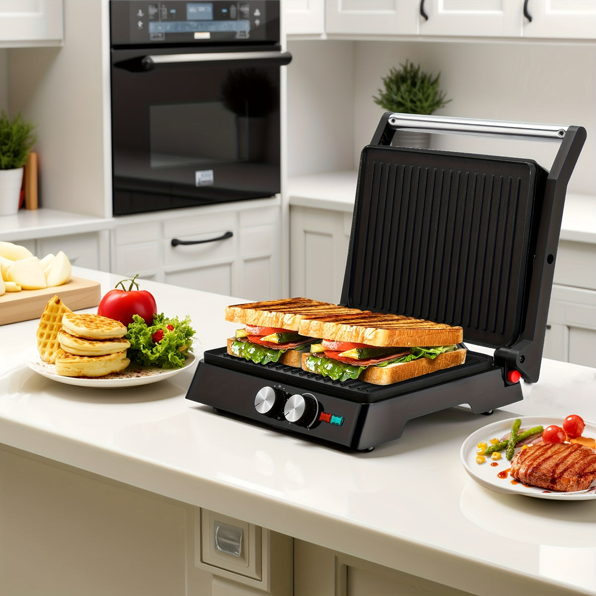Floating-Hinge Panini Press and Indoor Grill with Nonstick Plate Wording, 180-Degree Opening and Grease Tray, Color or Timer-Control Options for Sandwiches