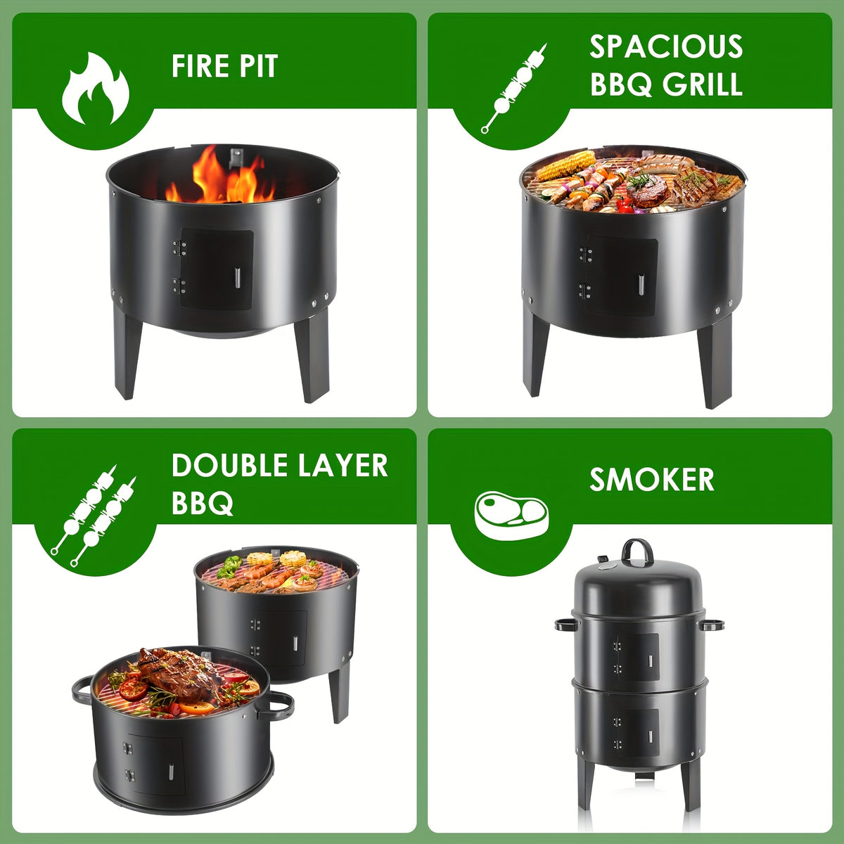 Vertical Charcoal Smoker Grill, Black 16-Inch Three-Tier Outdoor Cooker with Listed 400-Square-Inch Cooking Area and Two BBQ Tongs for Backyard Cookouts
