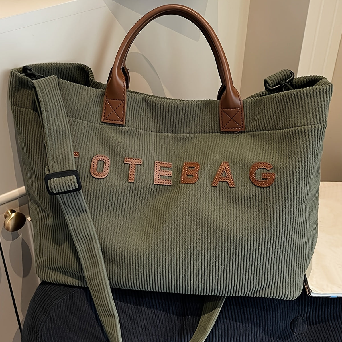 Corduroy Crossbody Tote Bag for Women with Adjustable Strap and Listed Hook-and-Loop Closure, Solid Color Shoulder Handbag for Commuting, Shopping and Casual Travel