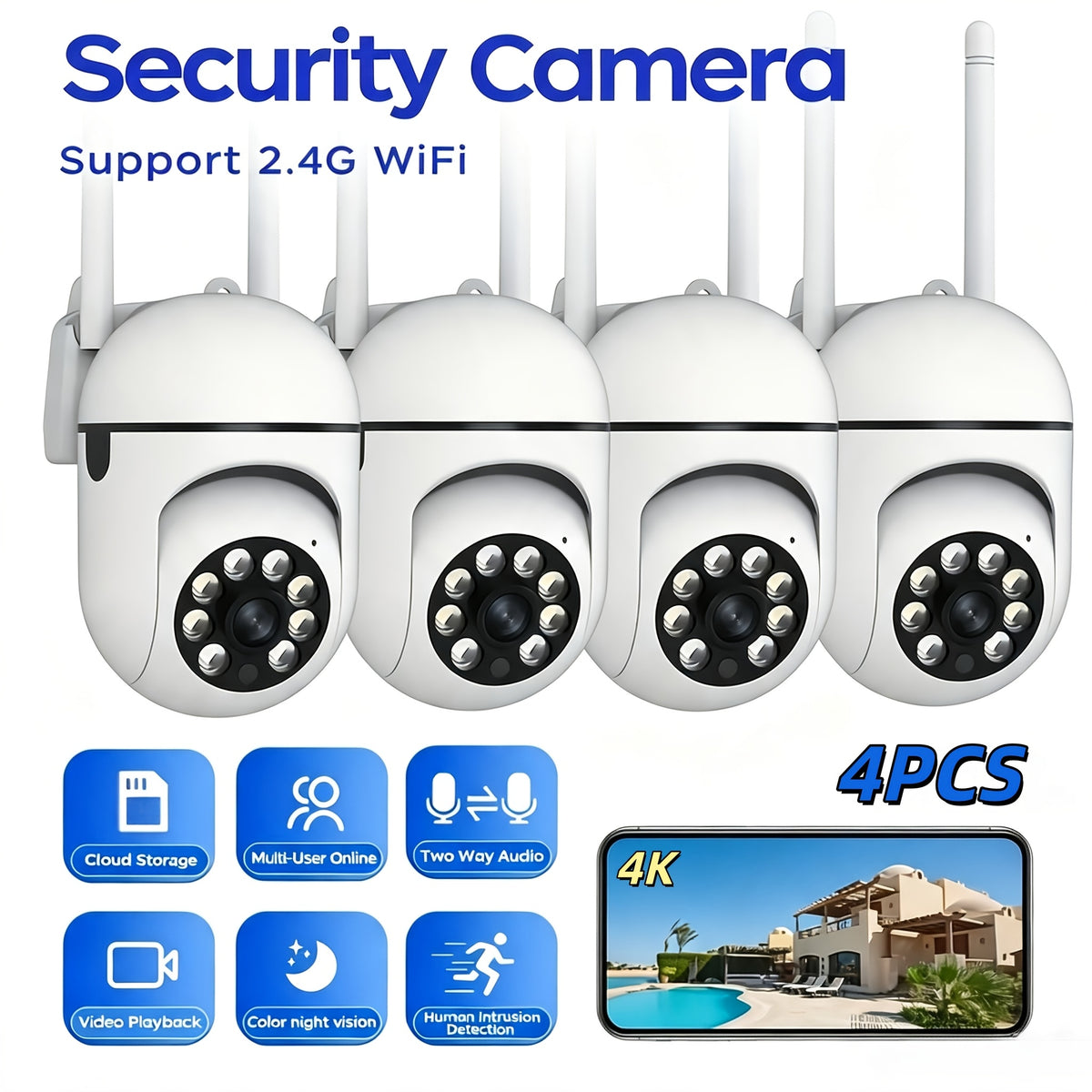 5MP WiFi Security Camera 4-Pack by PHANSATIM with USB Cables, 2.4GHz PTZ Motion Tracking, Color Night Vision, Spotlight, Siren and Two-Way Audio