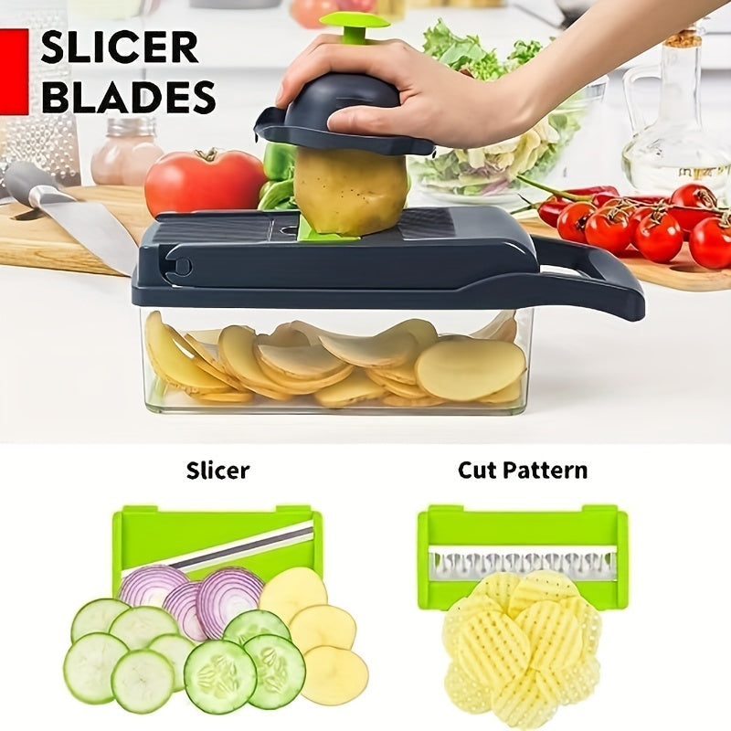 14-in-1 Vegetable Chopper with Container, Multifunctional Onion Dicer and Fruit Cutter for Everyday Kitchen Ingredient Preparation and Home Cooking