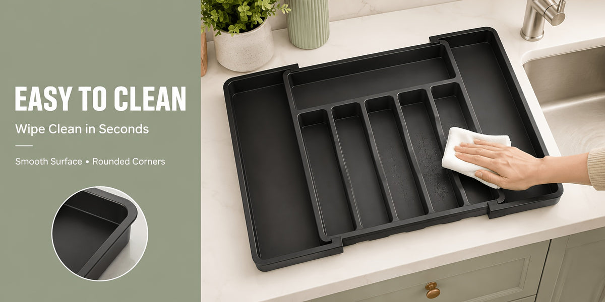 Expandable Silverware Drawer Organizer, BPA-Free Adjustable Plastic Cutlery Tray in Black or White for Kitchen Spoon, Fork and Knife Storage