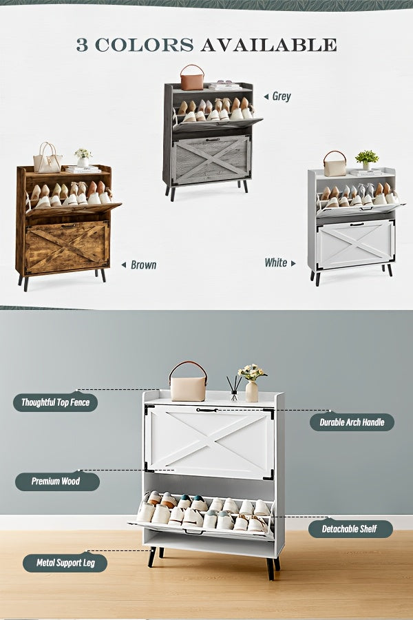 Shoe Storage Cabinet for Entryway and Hallway Organization, Black Upgrade or White Two, Three and Four-Door Options with Listed Flip-Drawer Storage Features