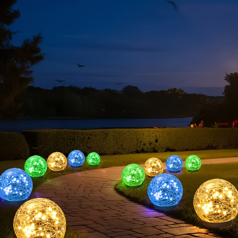 Solar Globe Garden Lights with Crackle Glass Balls and Ground Stakes, Four-Piece Large-Size Set in Warm or Colorful Options for Patio and Border Decor