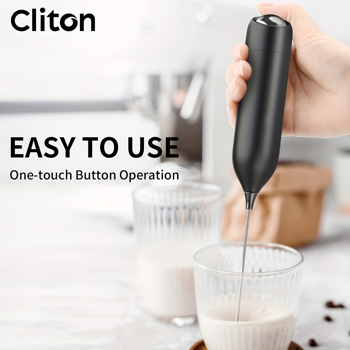 Handheld Milk Frother by CLITON, Battery-Powered 304 Stainless Steel Whisk for Coffee and Tea in Black, White or Green with Single or ABS Stand Options